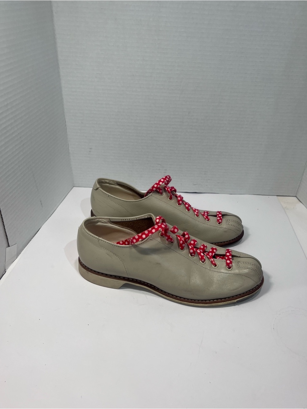 Neutral Taupe Leather Lace-Up Bowling Shoes with Red Polka Dot Laces